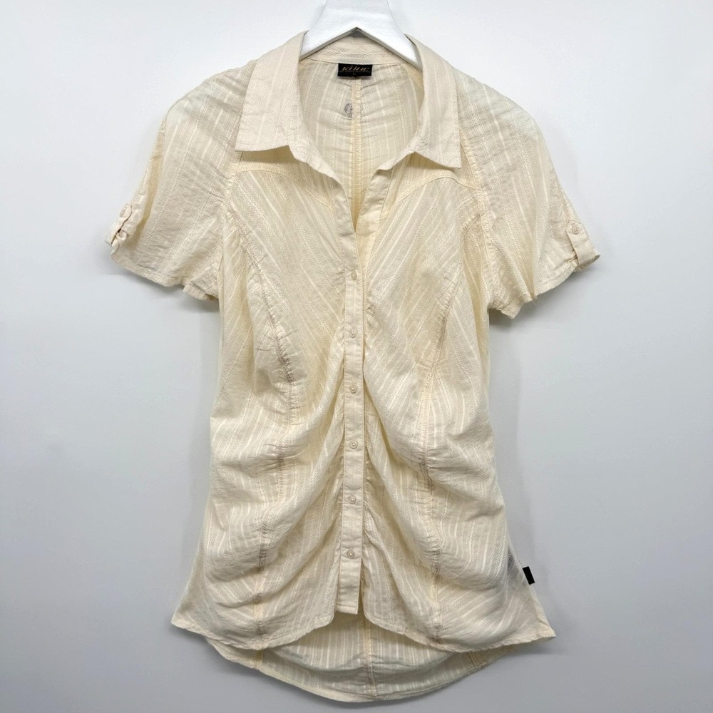 Vintage Kuhl Top Shirt Blouse Size Large Ruched Button Up Quiet Luxury Neutral - Picture 1 of 14